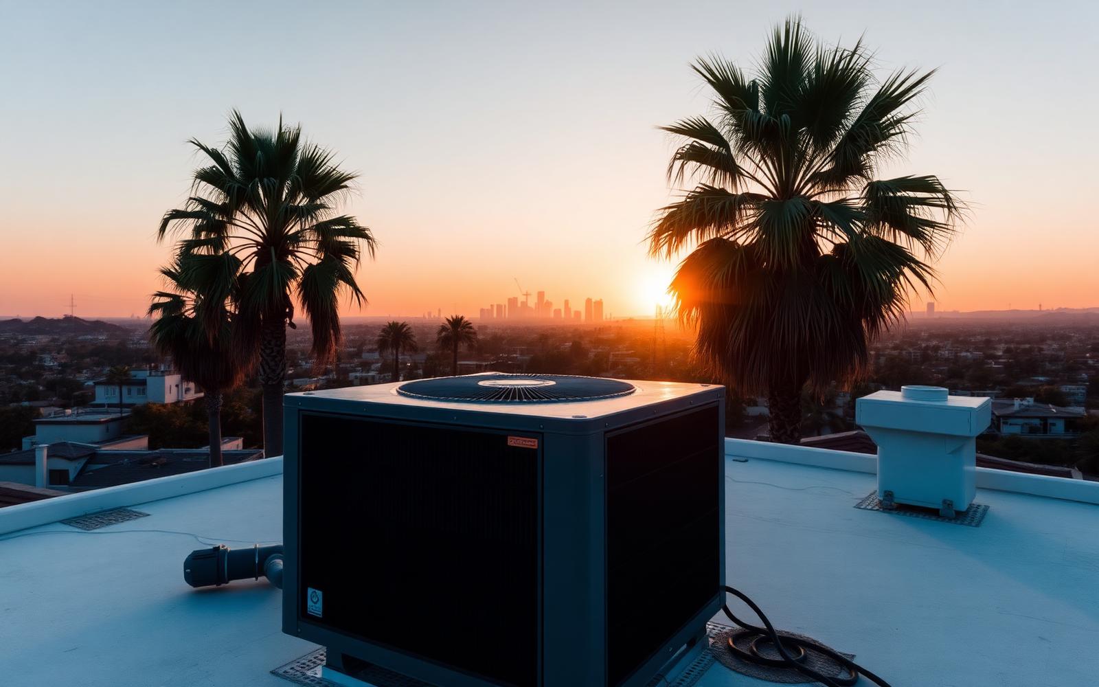 Rooftop air conditioning unit above Los Angeles at sunset